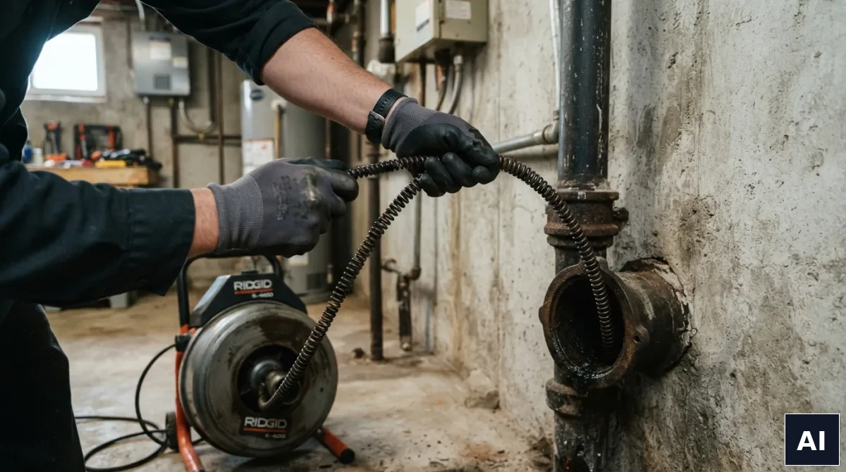 Technik używa spirali hydraulicznej do udrożnienia rury kanalizacyjnej
